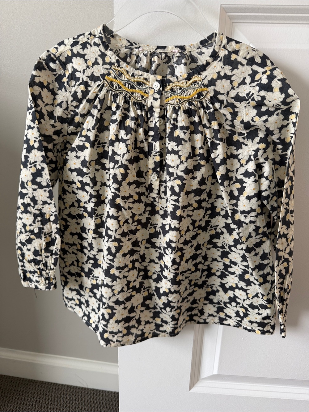 Bonpoint Black & Cream Floral Long-Sleeve Blouse with Yellow Embroidery